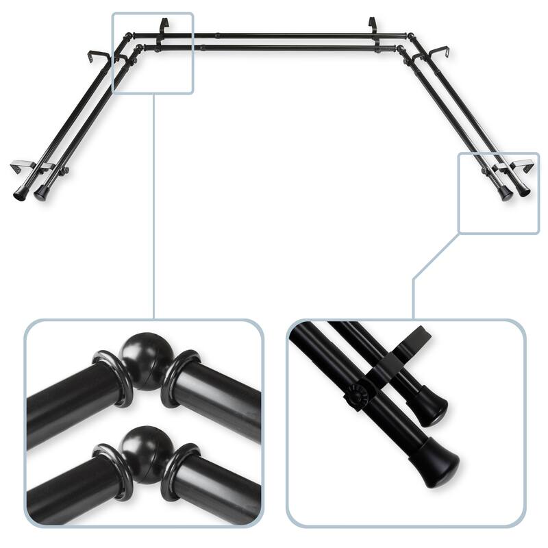 InStyleDesign 13/16" Bay Window Double Curtain Rod - 20-36 inches, 38-72 inches - Black Finish - Black