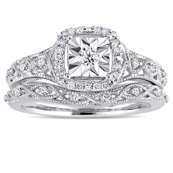 Miadora Sterling Silver 1/5ct TDW Diamond Halo Infinity Bridal Ring Set