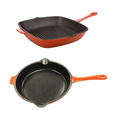 BergHOFF Neo 2pc Cast Iron 10" Fry Pan & 11" Grill Pan Cookware Set, Orange