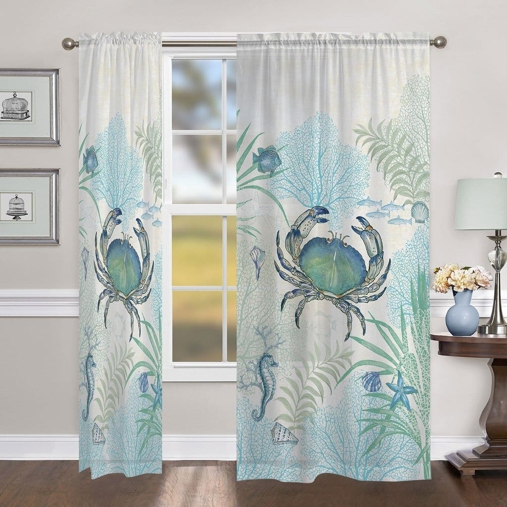 Laural Home Blue Creature of the Sea 84 Inch Sheer Curtain Panel - 84l"x50w"