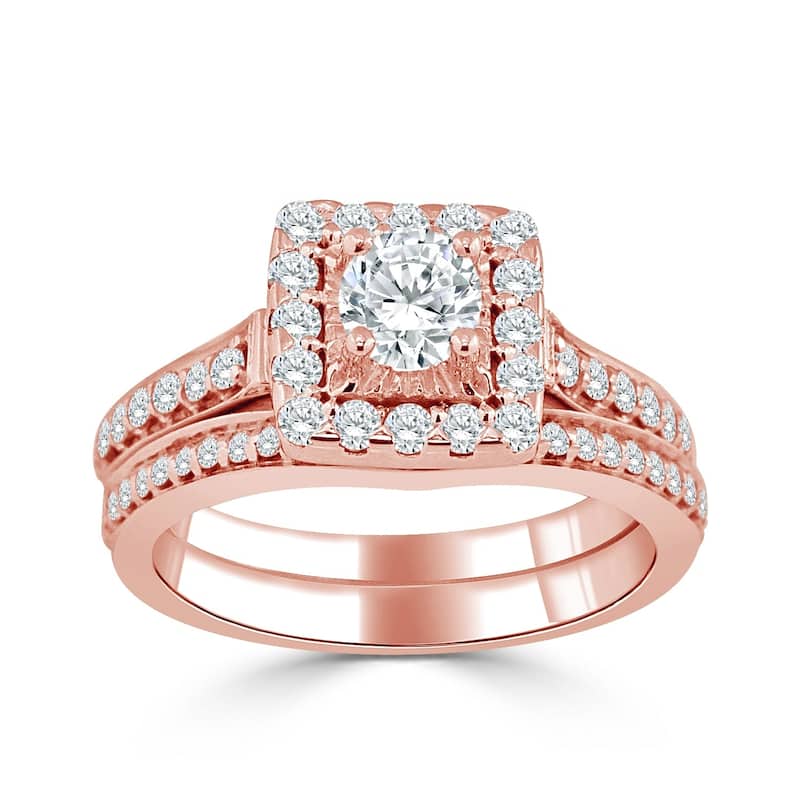 14k Gold Round 1ct TDW Diamond Halo Engagement Ring Set by Auriya