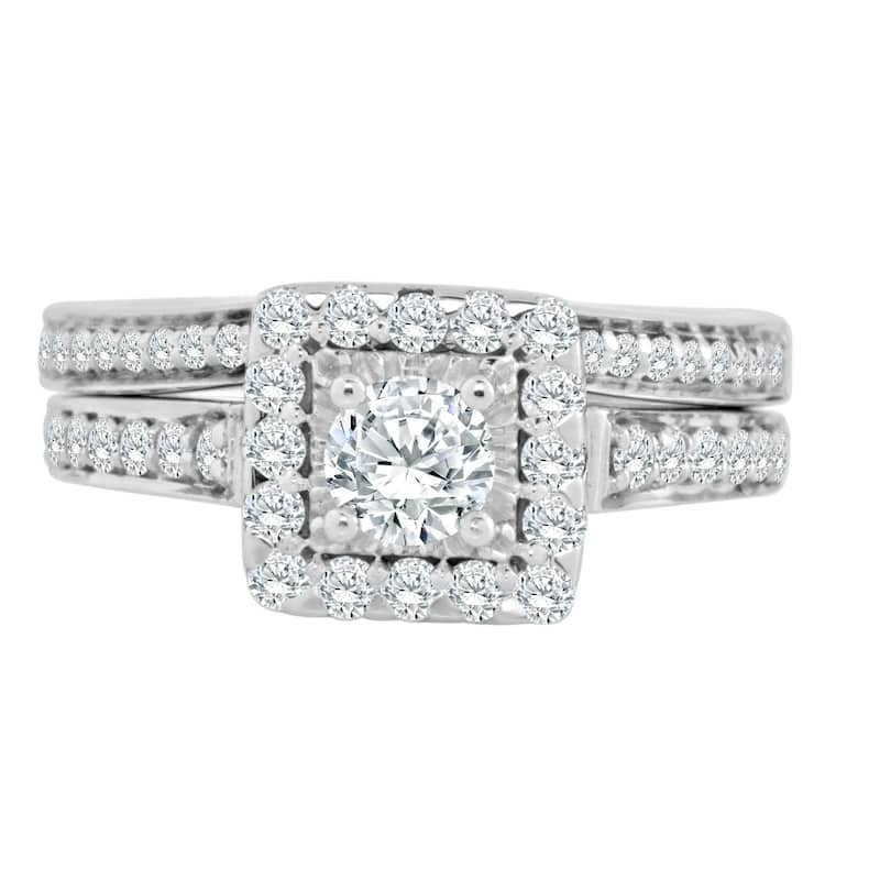 14k Gold Round 1ct TDW Diamond Halo Engagement Ring Set by Auriya