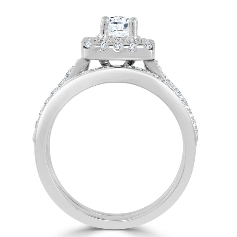 14k Gold Round 1ct TDW Diamond Halo Engagement Ring Set by Auriya