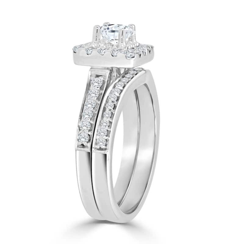 14k Gold Round 1ct TDW Diamond Halo Engagement Ring Set by Auriya