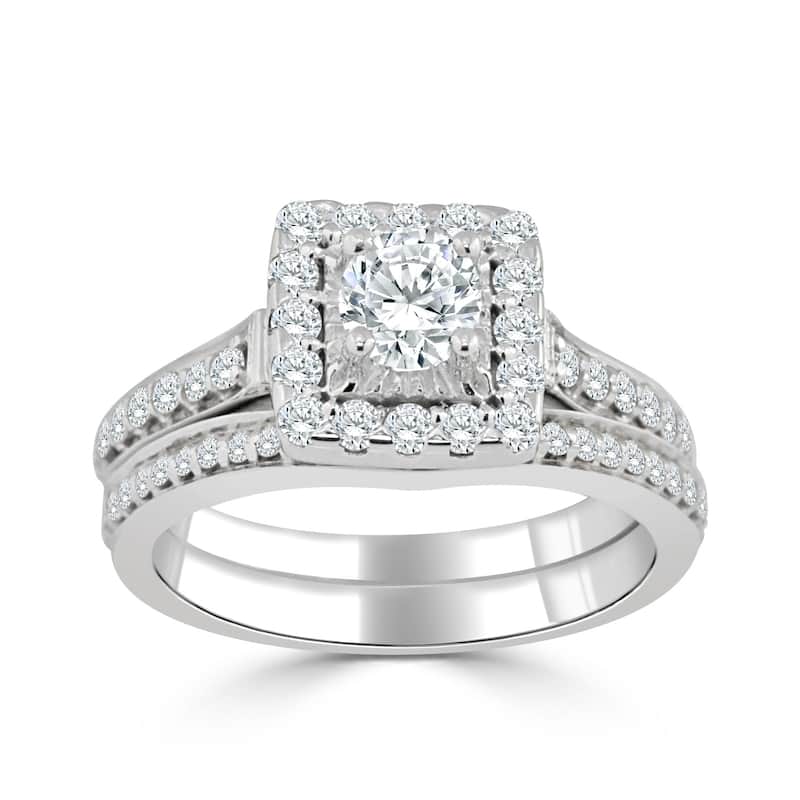 14k Gold Round 1ct TDW Diamond Halo Engagement Ring Set by Auriya