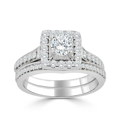 14k Gold Round 1ct TDW Diamond Halo Engagement Ring Set by Auriya