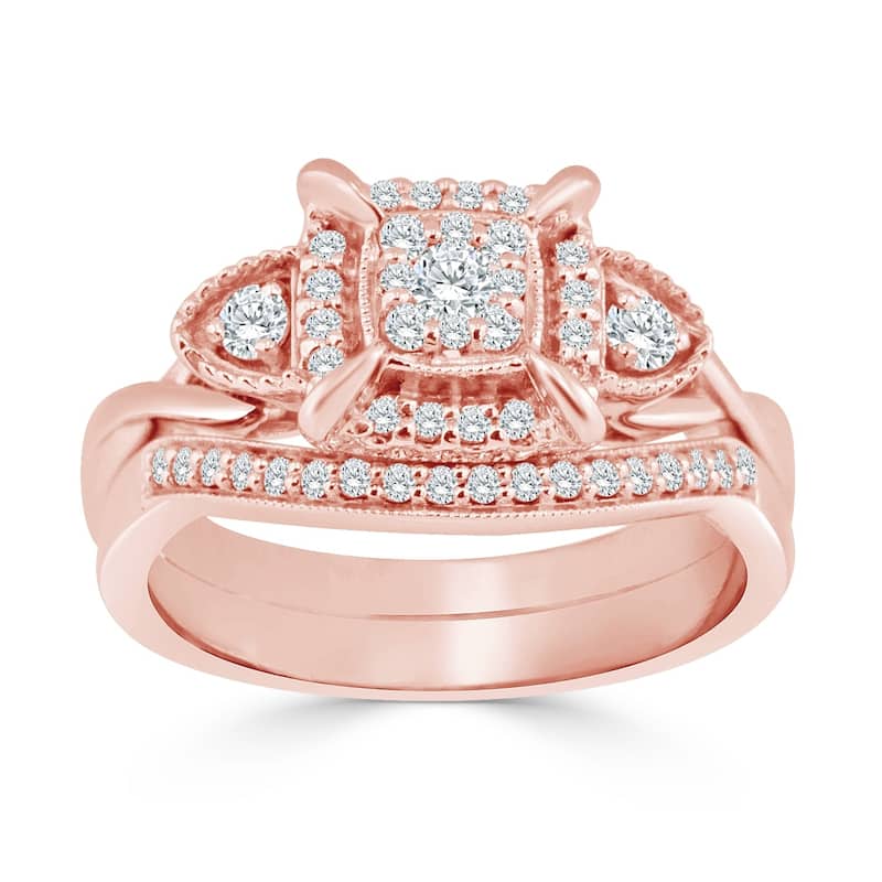 14k Gold Round 3/8ct TDW Vintage-Inspired Diamond Halo Engagement Ring Set by Auriya