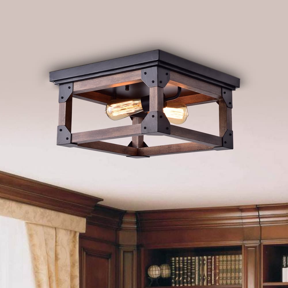 Larissa Black Wood Industrial Square 2-light Flush-mount Fixture