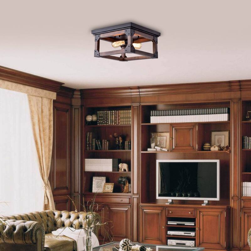 Larissa Black Wood Industrial Square 2-light Flush-mount Fixture