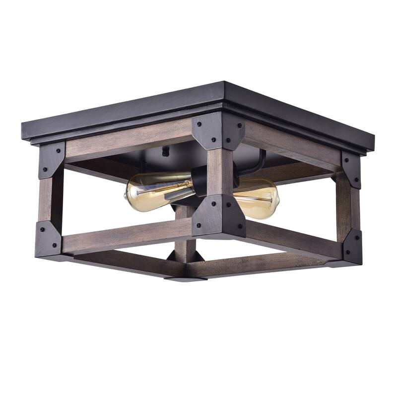 Larissa Black Wood Industrial Square 2-light Flush-mount Fixture