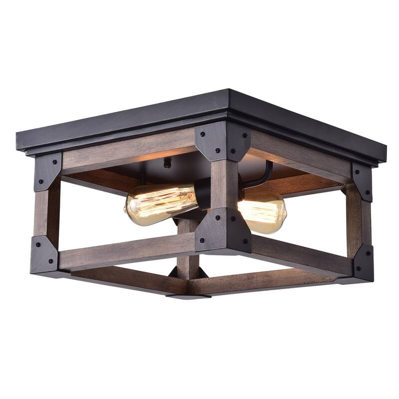 Larissa Black Wood Industrial Square 2-light Flush-mount Fixture