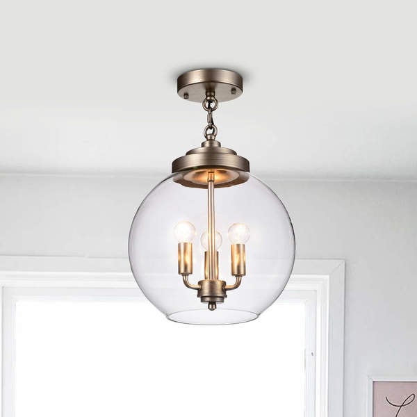 Luna Dark Antique Silver 3-Light Clear Glass Globe Iron Semi-Flush Mount