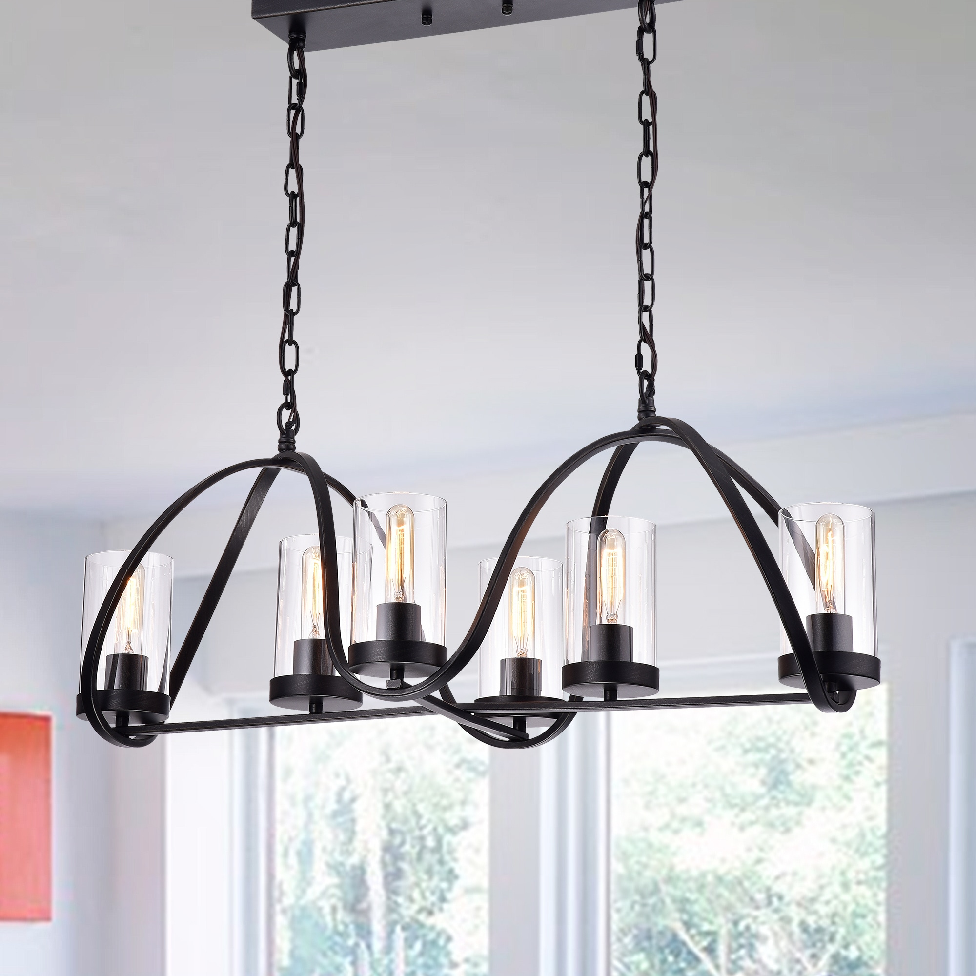 Daniela Antique Black Iron 6-light Chandelier with Rectangular Base and Clear Glass Cylinder Shades (Rectangular Base, 6-Light, Clear Glass) - Chandeliers For Bedrooms by Overstock.com