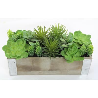 The Gray Barn Jartop Artificial Potted Mixed Succulents Plants with Rectangular Wood Planter, Green