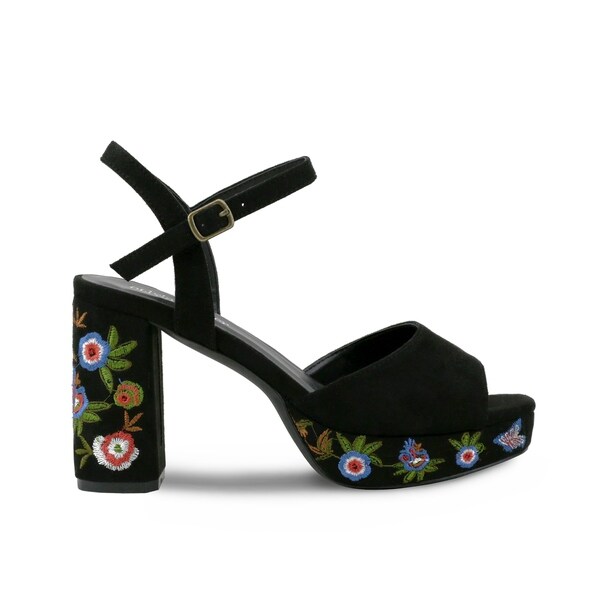 floral embroidered chunky heels