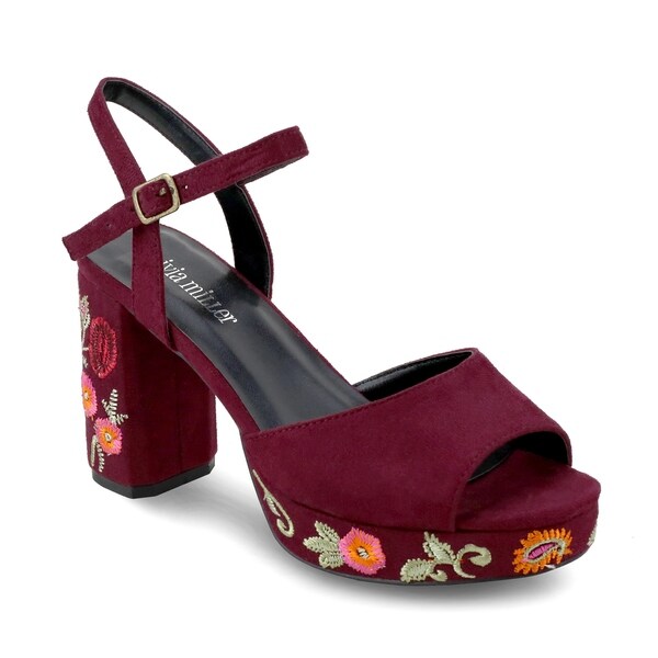 floral embroidered chunky heels