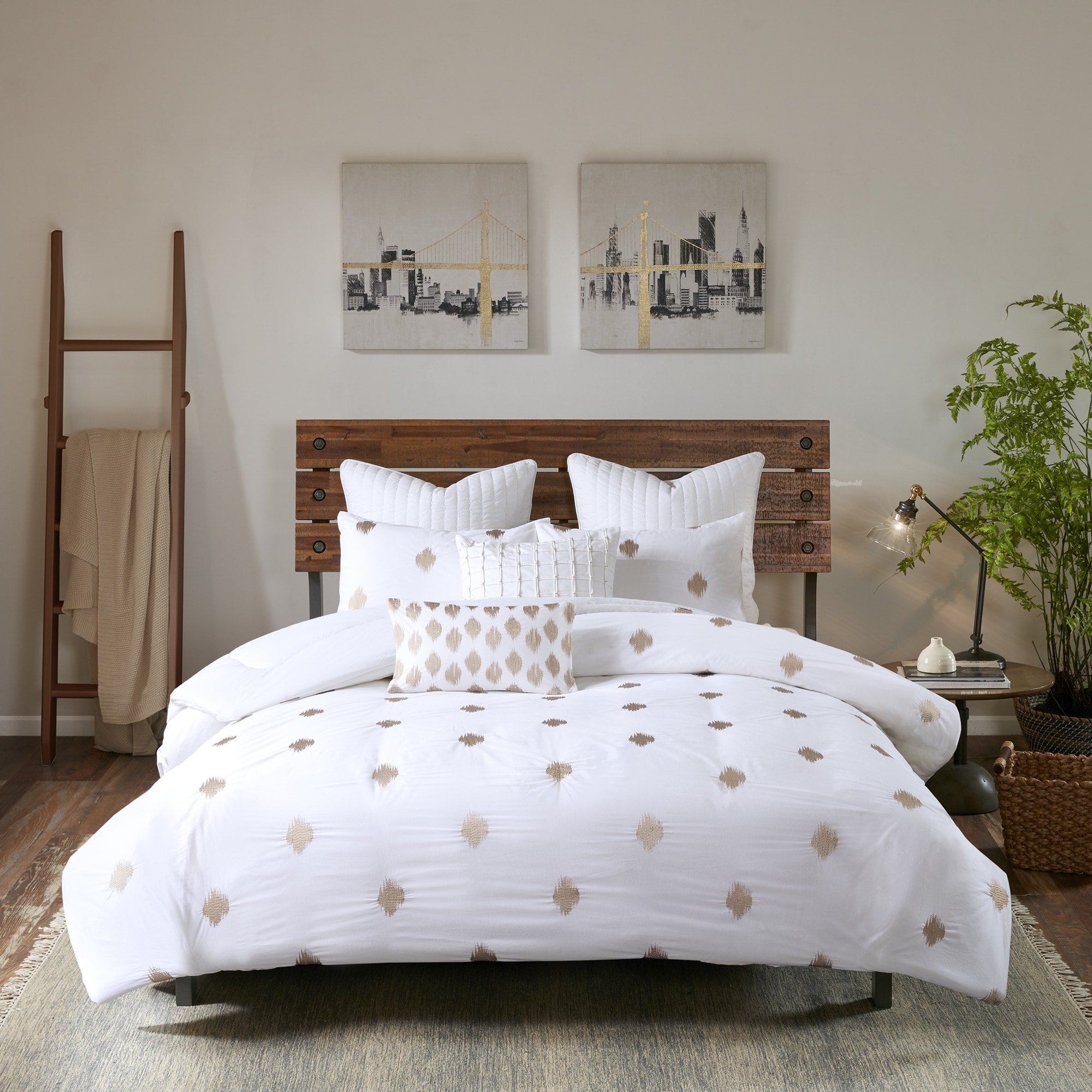 Comforter Set Queen Size Metallic Gold Ikat Dot White 8-Piece Bedding