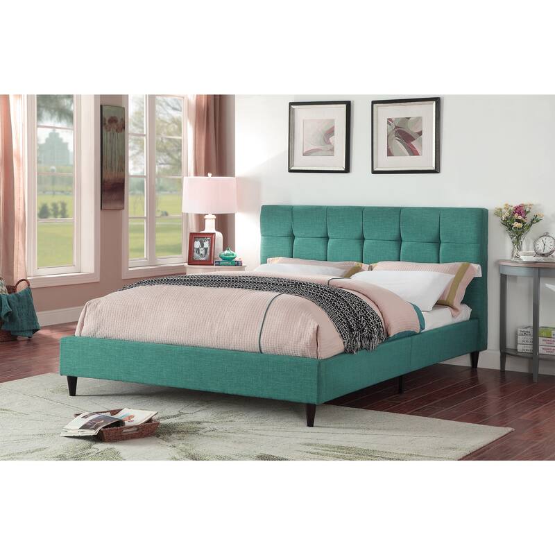 Modern Upholstered Square Stitched Platform Bed with Wooden Slats