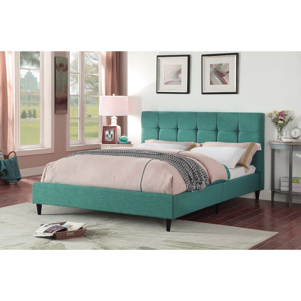 Modern Upholstered Square Stitched Platform Bed with Wooden Slats