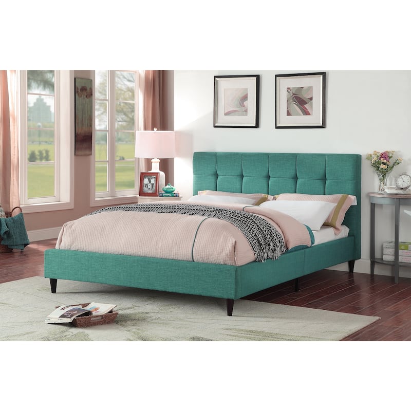 Modern Upholstered Square Stitched Platform Bed with Wooden Slats