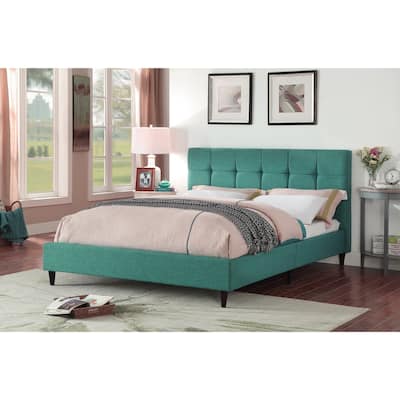 Modern Upholstered Square Stitched Platform Bed with Wooden Slats