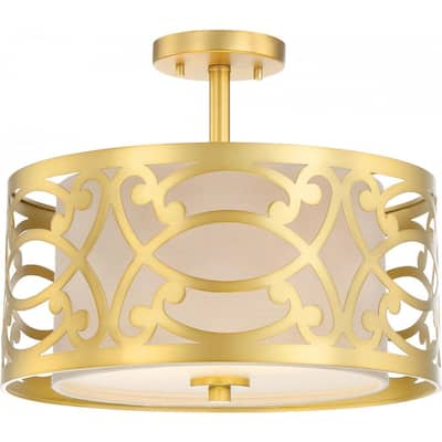 Filigree - 2 Light Semi Flush Mount - Natural Brass Finish - Beige Linen Fabric Shade