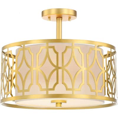 Filigree - 2 Light Semi Flush Mount - Natural Brass Finish - Beige Linen Fabric Shade