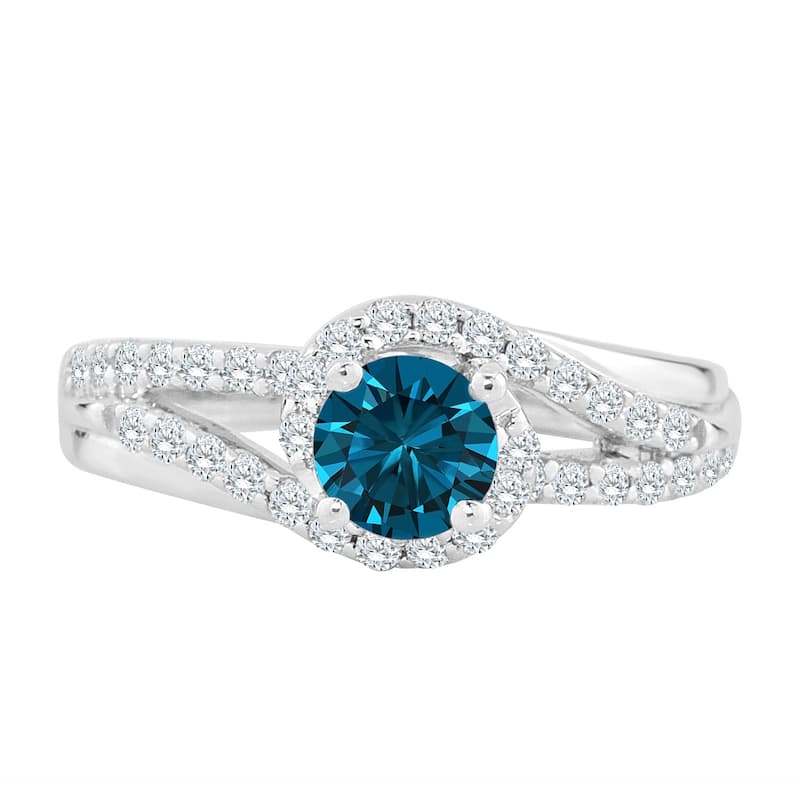 Auriya Modern 1ctw Halo Blue Diamond Engagement Ring 14k Gold Split Shank