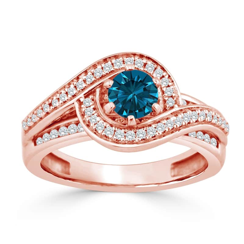 Auriya Bypass Swirl 1ctw Halo Blue Diamond Engagement Ring 14k Gold