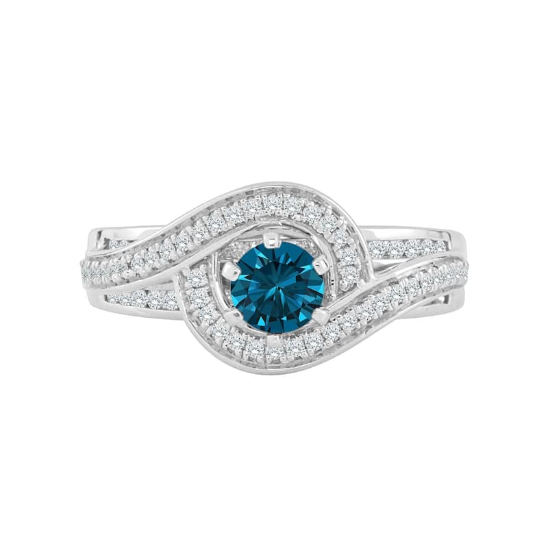 Auriya Bypass Swirl 1ctw Halo Blue Diamond Engagement Ring 14k Gold