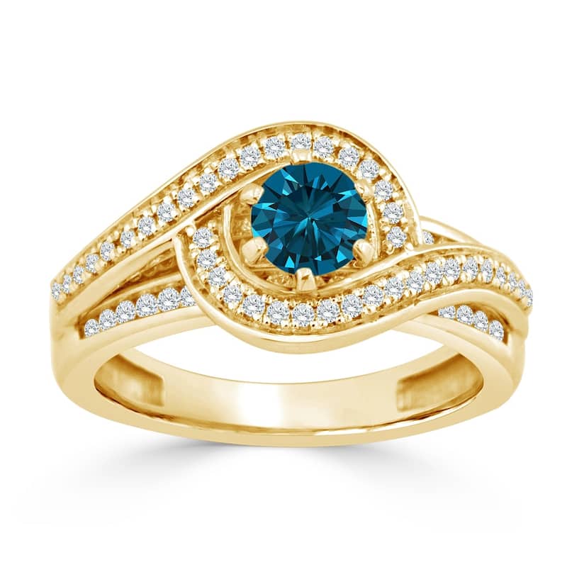 Auriya Bypass Swirl 1ctw Halo Blue Diamond Engagement Ring 14k Gold