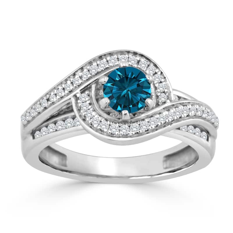 Auriya Bypass Swirl 1ctw Halo Blue Diamond Engagement Ring 14k Gold