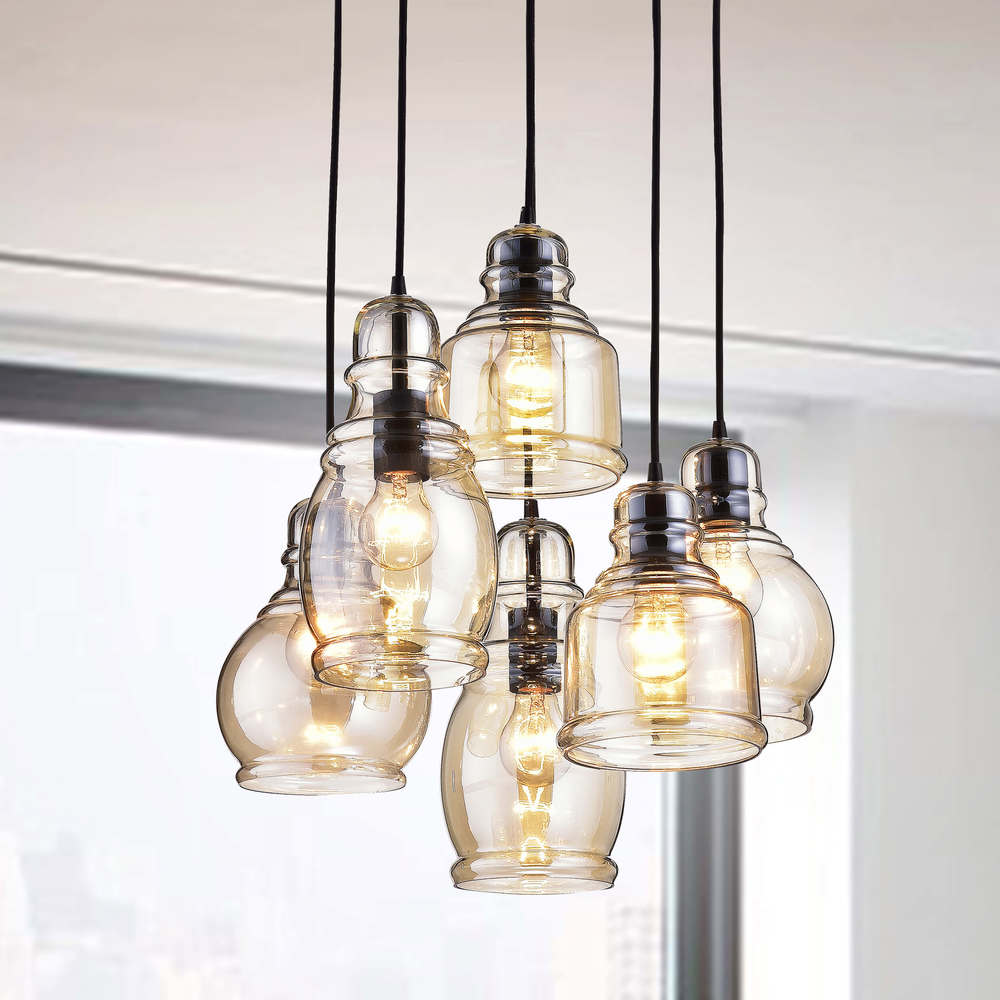 Jojospring Mariana Cognac Glass Antique Black and Round Base 6-light Pendant