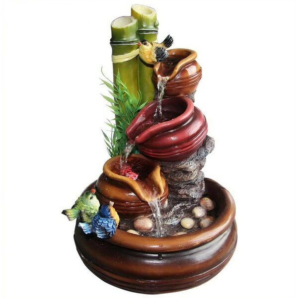 SINTECHNO SNF13258 Artistic Sculptural Colorful Birds Resting on 3-Tier Jar Tabletop Water Fountain