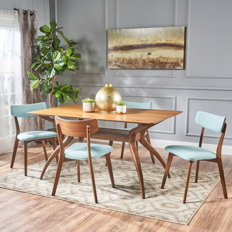 Nissie Mid-Century 5-piece Wood Rectangle Dining Set by Christopher Knight Home - Natural Walnut + Mint