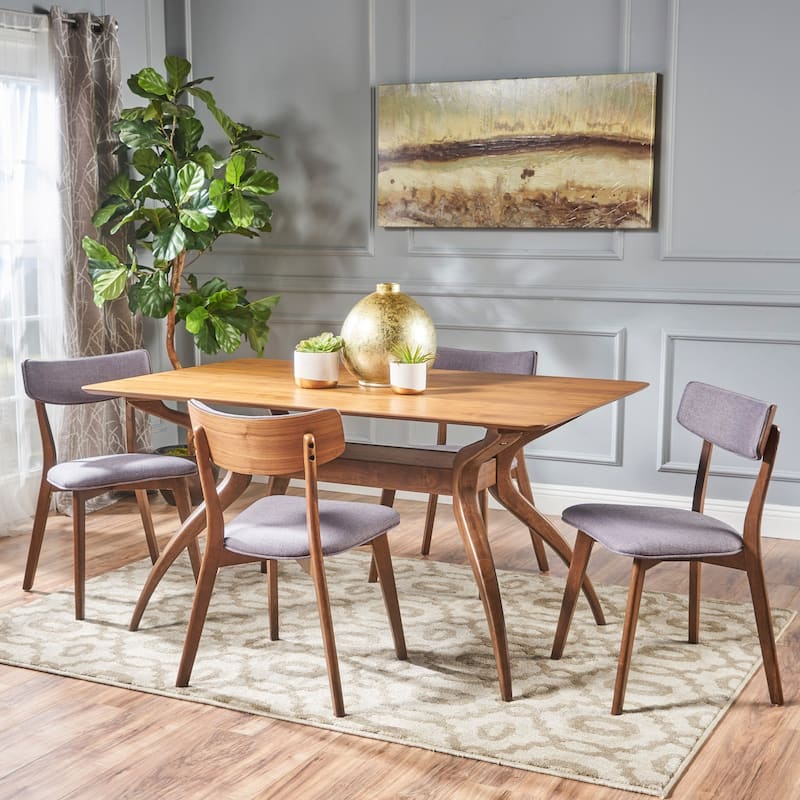 Nissie Mid-Century 5-piece Wood Rectangle Dining Set by Christopher Knight Home - Natural Walnut + Dark Grey