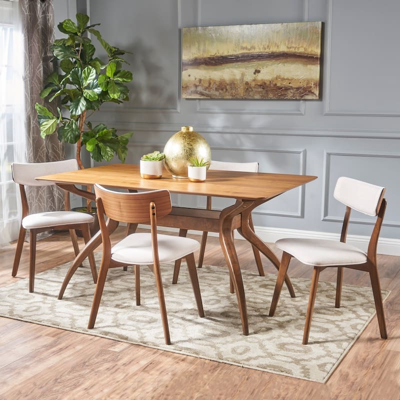 Nissie Mid-Century 5-piece Wood Rectangle Dining Set by Christopher Knight Home - Natural Walnut + Light Beige