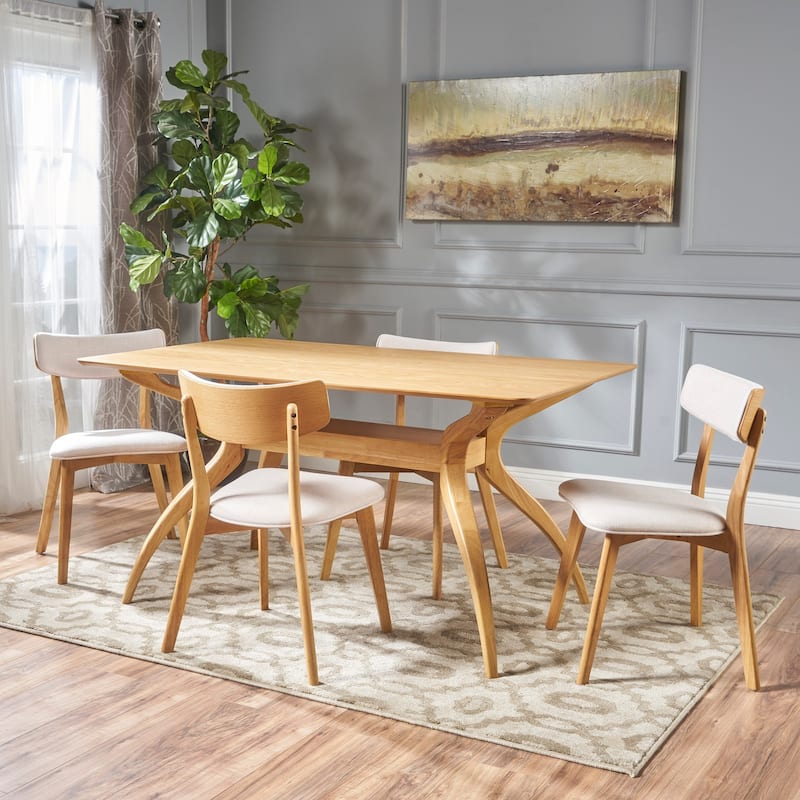 Nissie Mid-Century 5-piece Wood Rectangle Dining Set by Christopher Knight Home - Natural Oak + Light Beige
