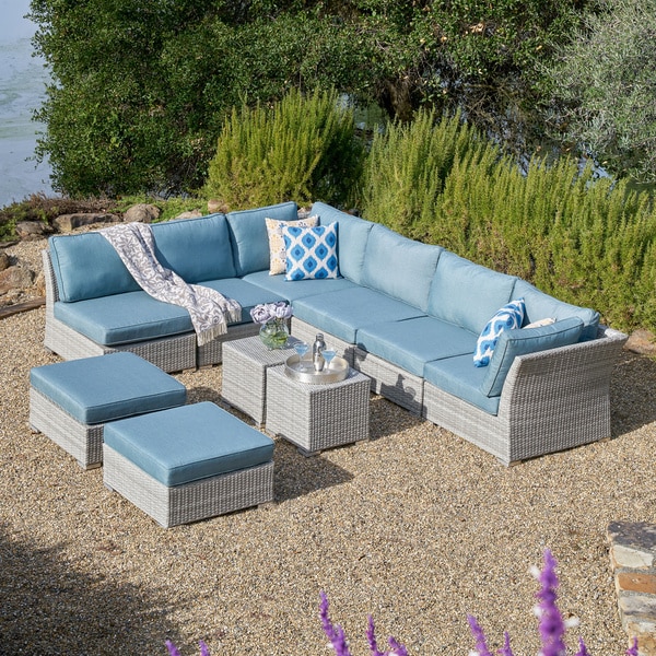 Corvus 10-piece Grey Wicker Patio Furniture Set with Blue Cushions