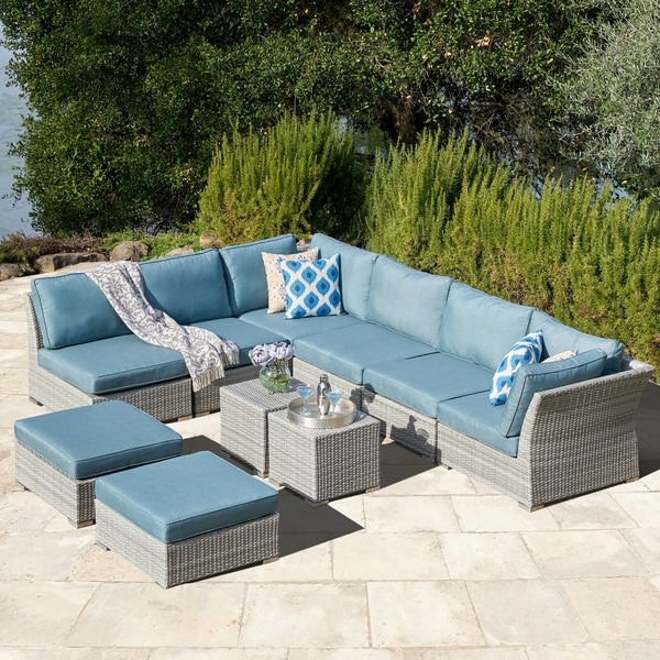 Corvus 10-piece Grey Wicker Patio Sectional Sofa Set with Blue Cushions