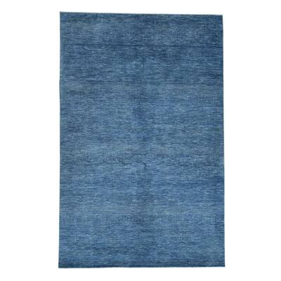 Shahbanu Rugs Denim Blue Hand-Knotted Wool and Silk Grass Design Oriental Rug (6' x 9')
