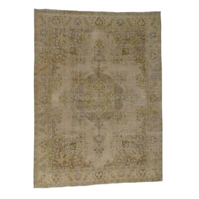 Shahbanu Rugs Hand-Knotted Vintage White Wash Persian Tabriz Worn Wool Rug (9' x 12')