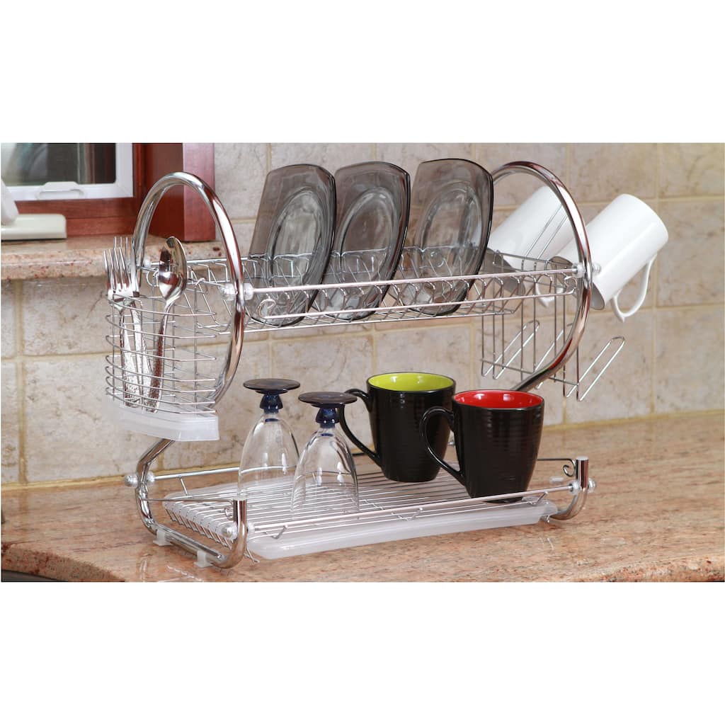 Modern Kitchen Chrome Plated 2-Tier Dish Drying Rack and Draining Board - Organized Utensil Holder Mug Dryer - Silver