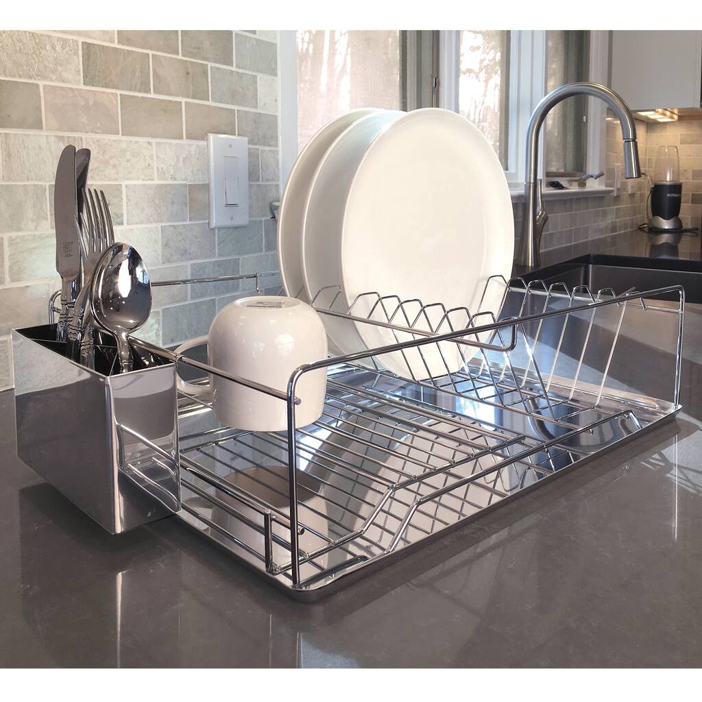Modern Kitchen Chrome Plated 2-Tier Dish Drying Rack and Draining Board - Organized Utensil Holder Mug Dryer - Silver