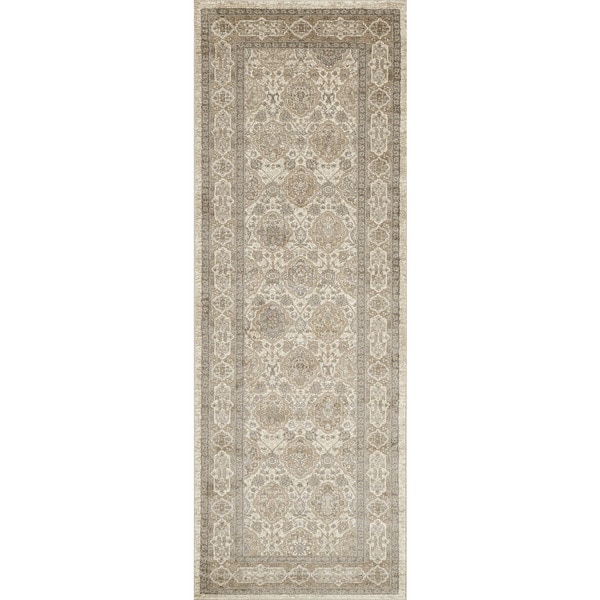 Traditional Beige/ Taupe Floral Border Runner Rug - 2'8 x 7'6