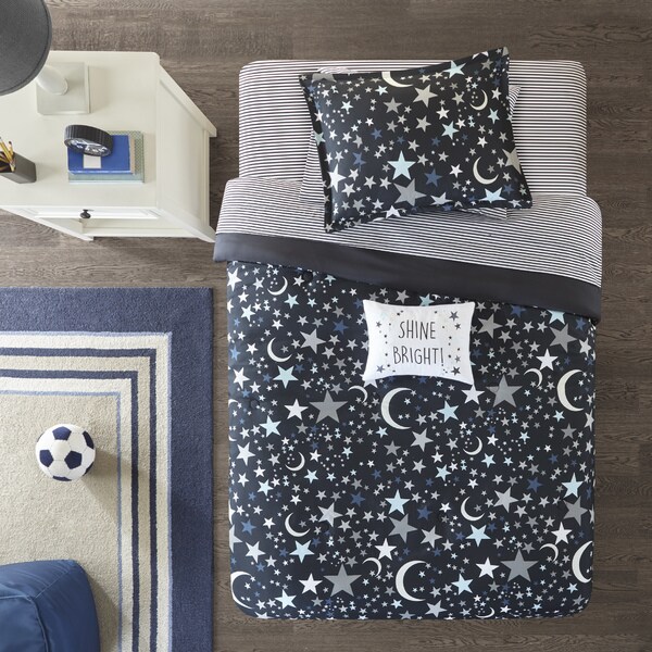 Beautiful Grey Blue Stars Space Moon Comforter Set Complete