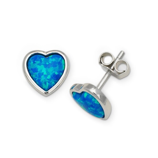 Sterling Silver Created Inlaid Blue Opal Heart Stud Earrings Sterling Silver Created Inlaid Blue Opal Heart Stud Earrings