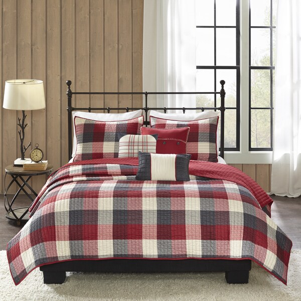 Madison Park Pioneer Red 6 Pieces Printed Quilted Herringbone Coverlet Set
