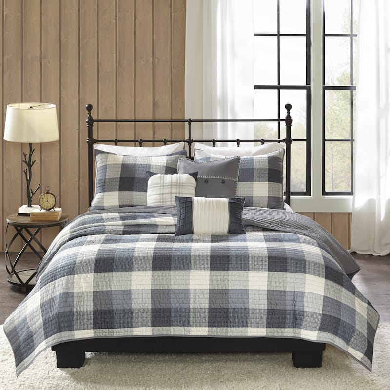 Madison Park Pioneer Grey 6 Piece Printed Herringbone Quilt Set with Throw Pillows