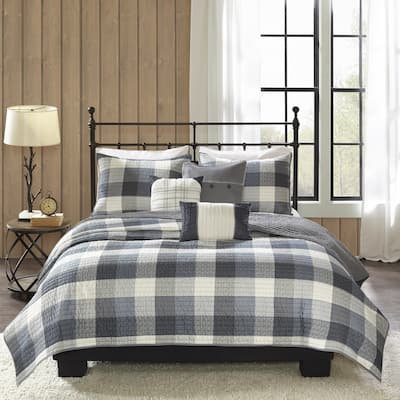 Madison Park Pioneer Grey 6 Piece Printed Herringbone Quilt Set with Throw Pillows